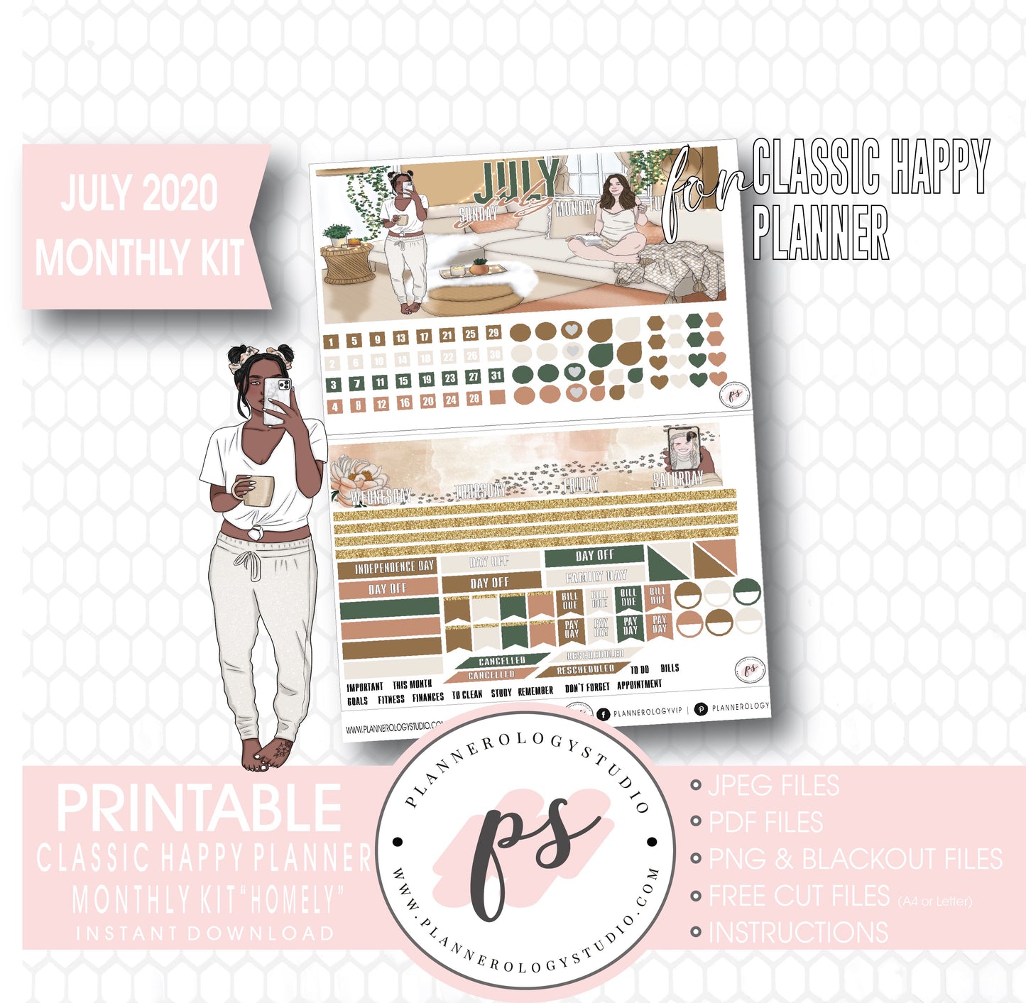 Homely July 2020 Monthly View Kit Digital Printable Planner Stickers (for use with Classic Happy Planner)