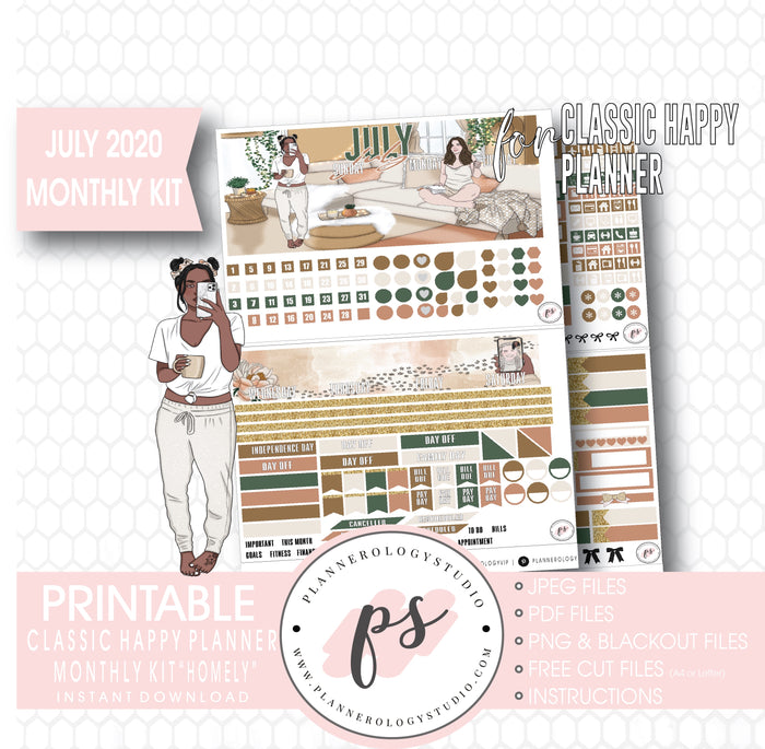 Homely July 2020 Monthly View Kit Digital Printable Planner Stickers (for use with Classic Happy Planner)
