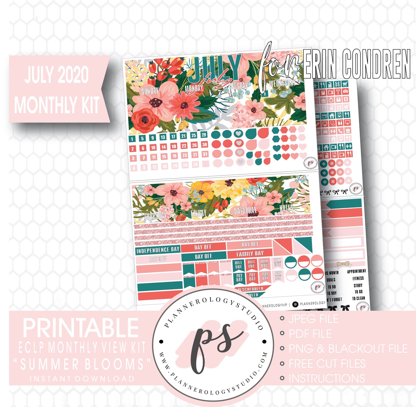 Summer Blooms July 2020 Monthly View Kit Digital Printable Planner Stickers (for Standard A5 Wide Monthly 1.6" Width Date Boxes)