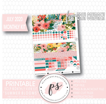 Summer Blooms July 2020 Monthly View Kit Digital Printable Planner Stickers (for Standard A5 Wide Monthly 1.6" Width Date Boxes)