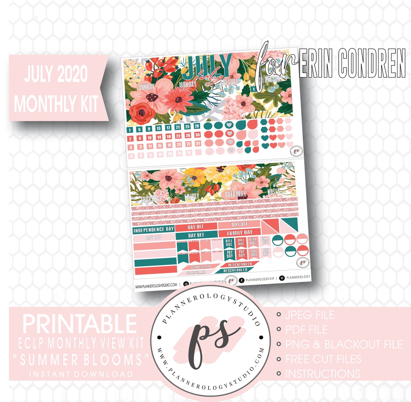 Summer Blooms July 2020 Monthly View Kit Digital Printable Planner Stickers (for Standard A5 Wide Monthly 1.6" Width Date Boxes)