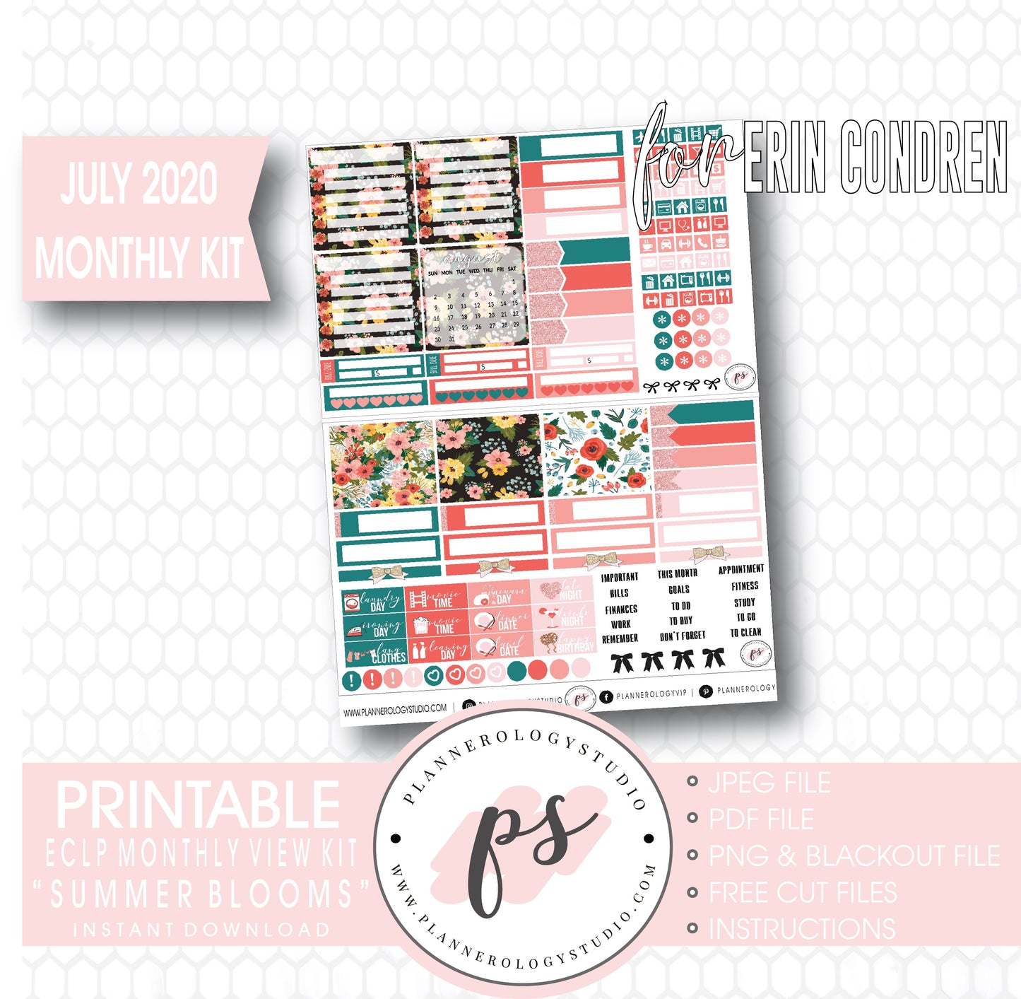 Summer Blooms July 2020 Monthly View Kit Digital Printable Planner Stickers (for Standard A5 Wide Monthly 1.6" Width Date Boxes)