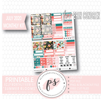 Summer Blooms July 2020 Monthly View Kit Digital Printable Planner Stickers (for Standard A5 Wide Monthly 1.6" Width Date Boxes)