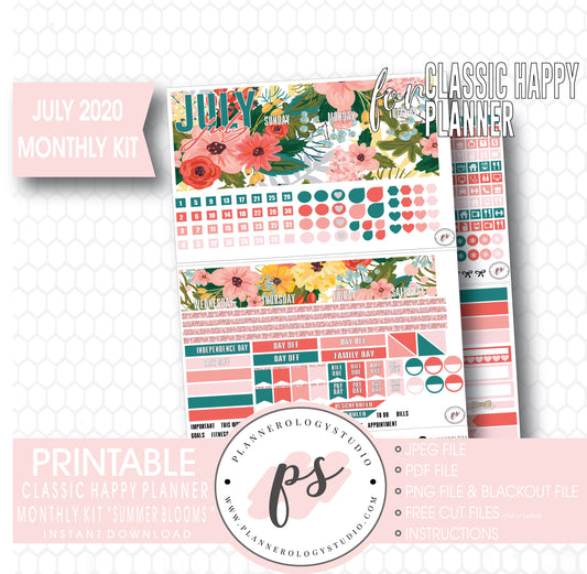Summer Blooms July 2020 Monthly View Kit Digital Printable Planner Stickers (for use with Classic Happy Planner)