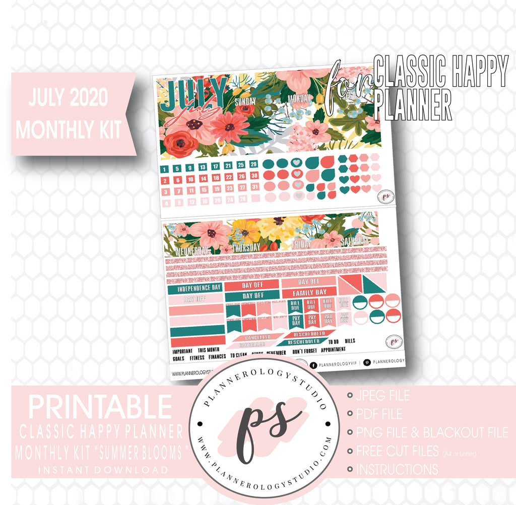 Summer Blooms July 2020 Monthly View Kit Digital Printable Planner Stickers (for use with Classic Happy Planner)