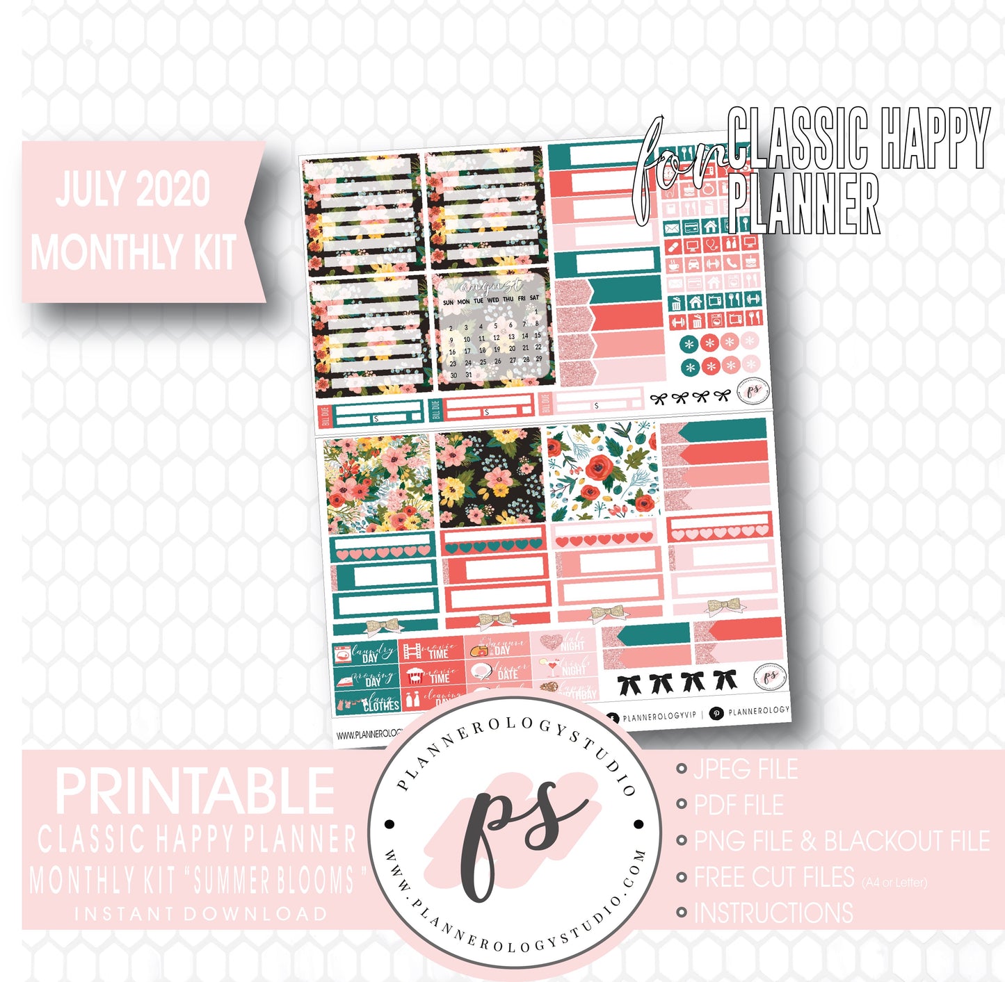 Summer Blooms July 2020 Monthly View Kit Digital Printable Planner Stickers (for use with Classic Happy Planner)