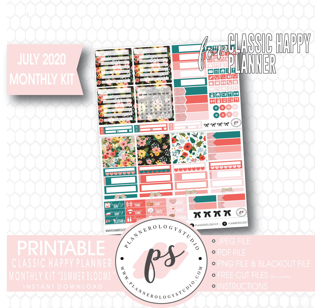 Summer Blooms July 2020 Monthly View Kit Digital Printable Planner Stickers (for use with Classic Happy Planner)