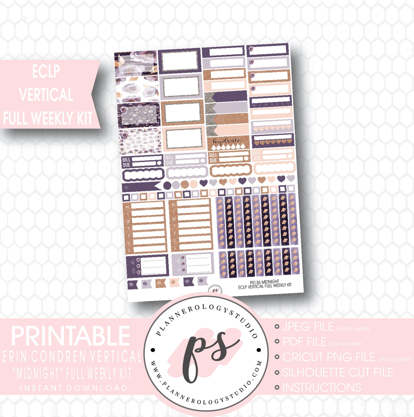 Midnight Full Weekly Kit Printable Planner Stickers (for use with ECLP Vertical) - Plannerologystudio