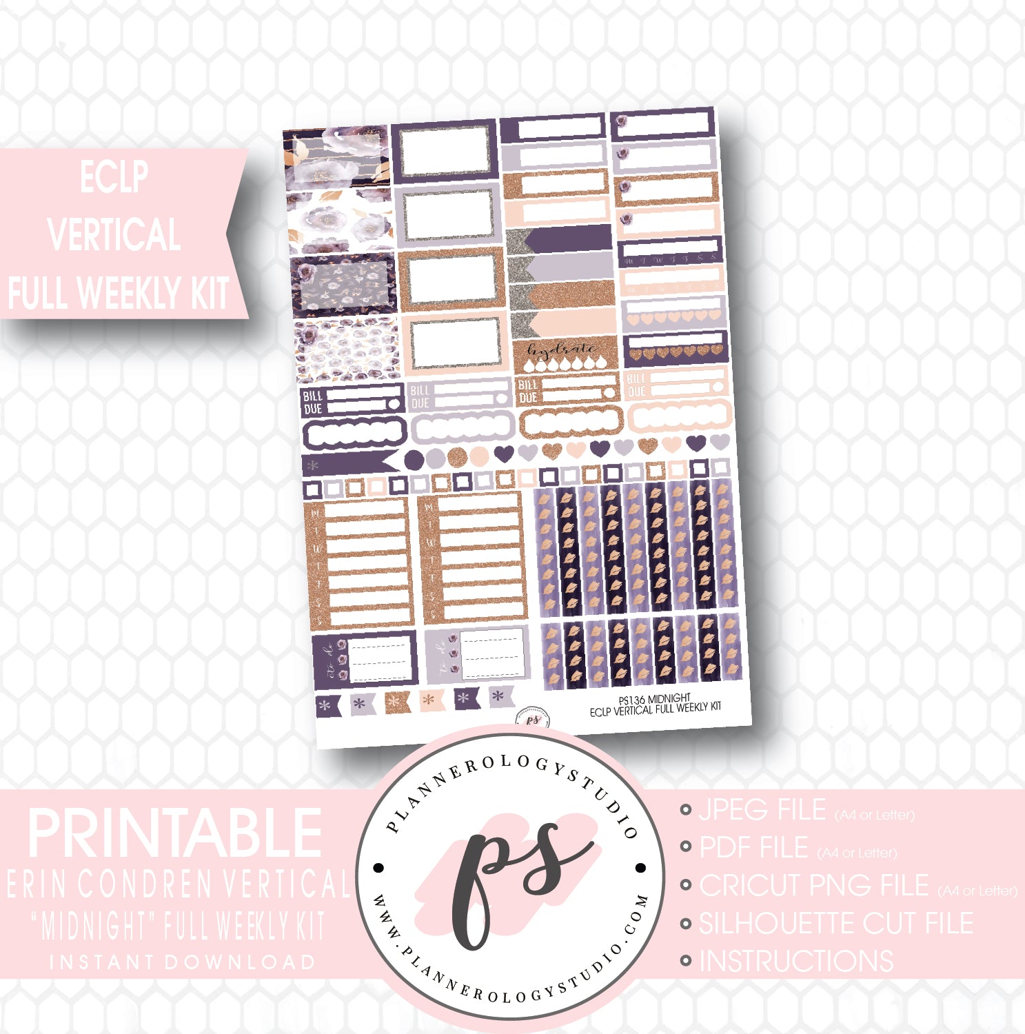 Midnight Full Weekly Kit Printable Planner Stickers (for use with ECLP Vertical) - Plannerologystudio