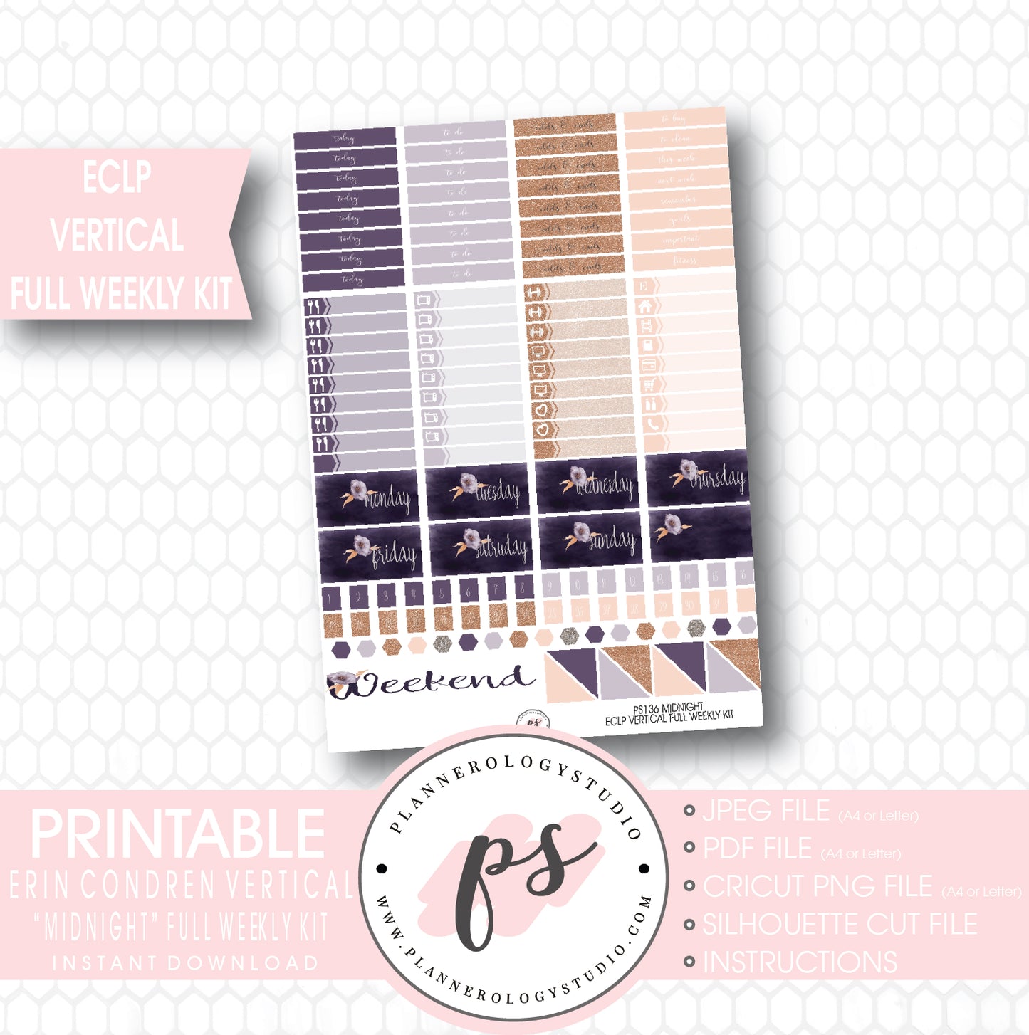 Midnight Full Weekly Kit Printable Planner Stickers (for use with ECLP Vertical) - Plannerologystudio