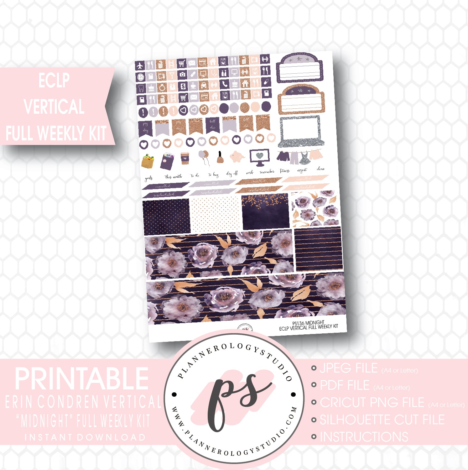 Midnight Full Weekly Kit Printable Planner Stickers (for use with ECLP Vertical) - Plannerologystudio