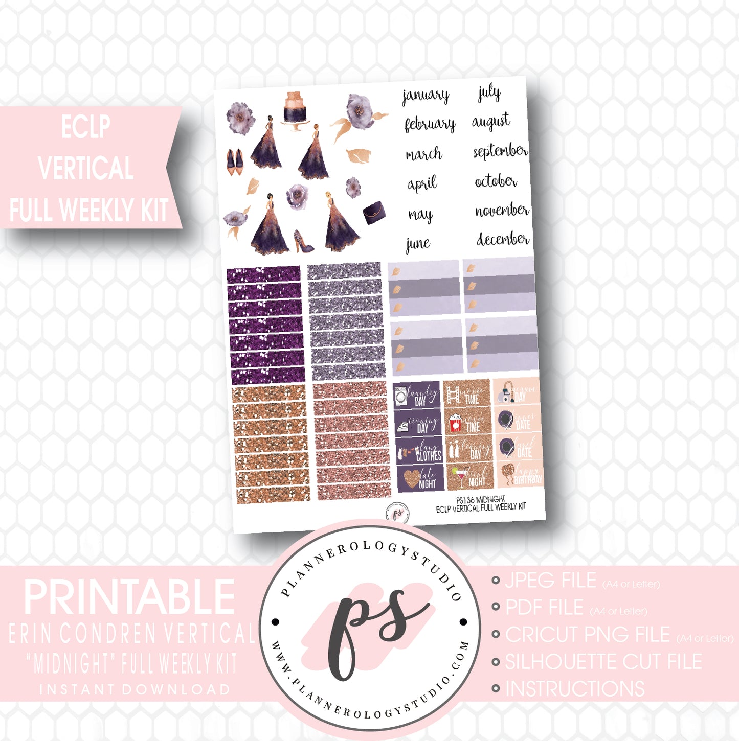 Midnight Full Weekly Kit Printable Planner Stickers (for use with ECLP Vertical) - Plannerologystudio
