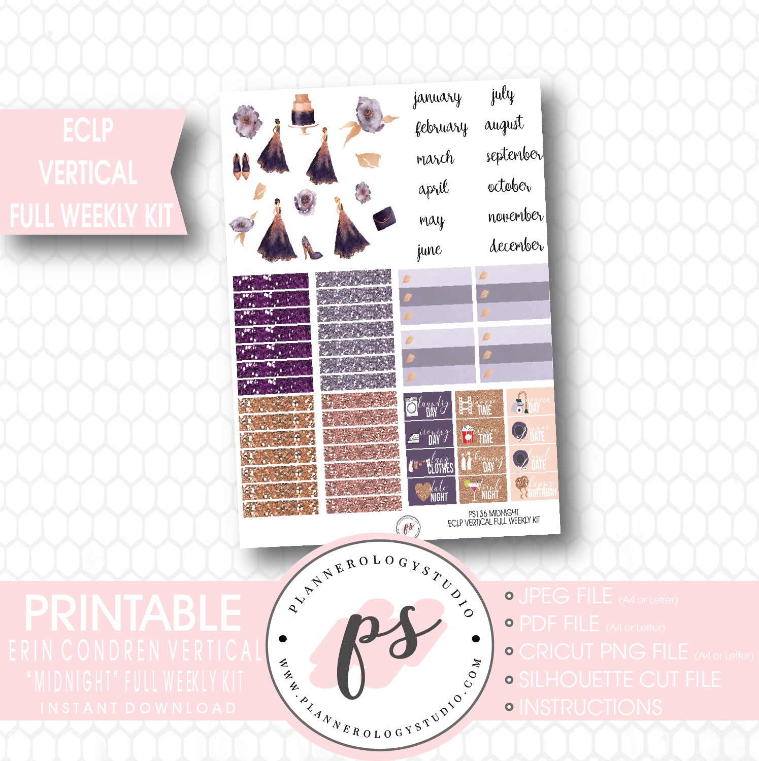 Midnight Full Weekly Kit Printable Planner Stickers (for use with ECLP Vertical) - Plannerologystudio