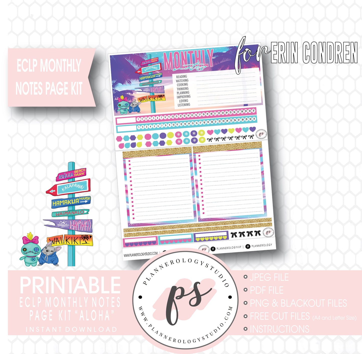 Aloha Monthly Notes Page Kit Digital Printable Planner Stickers (for use with Standard A5 Wide Planners)