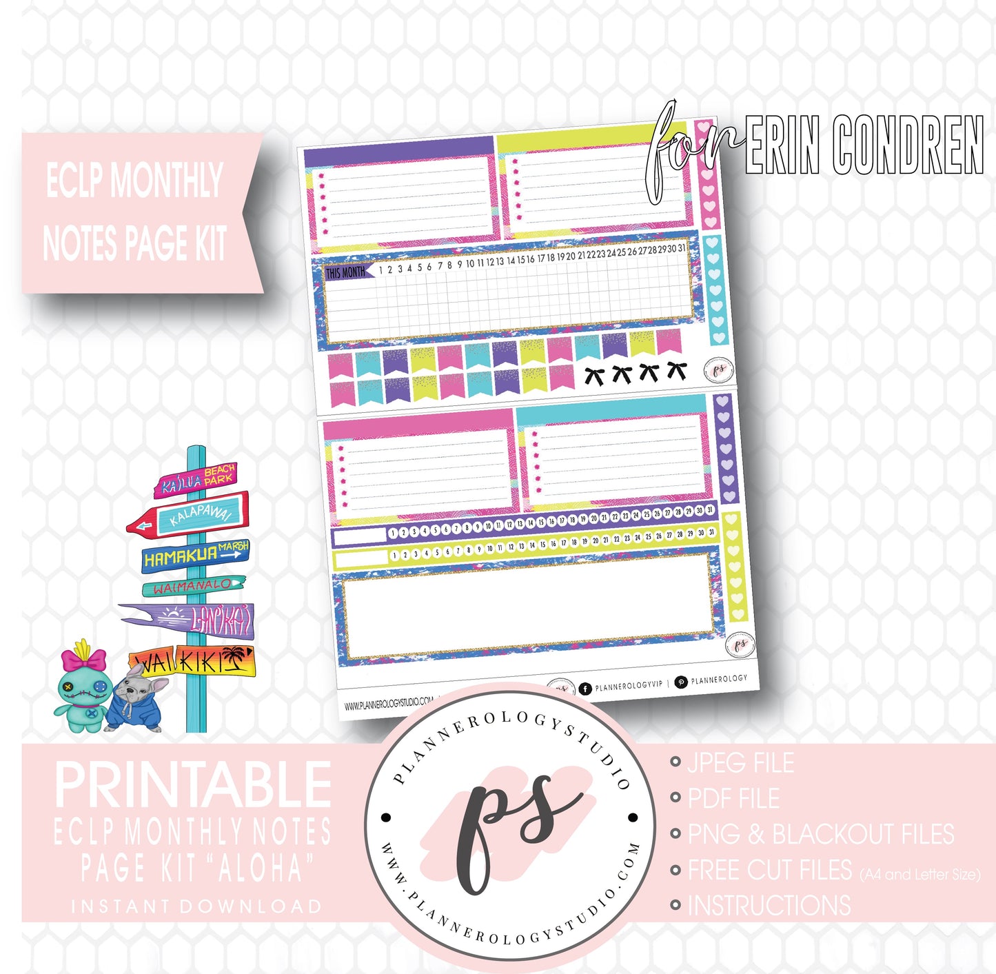 Aloha Monthly Notes Page Kit Digital Printable Planner Stickers (for use with Standard A5 Wide Planners)