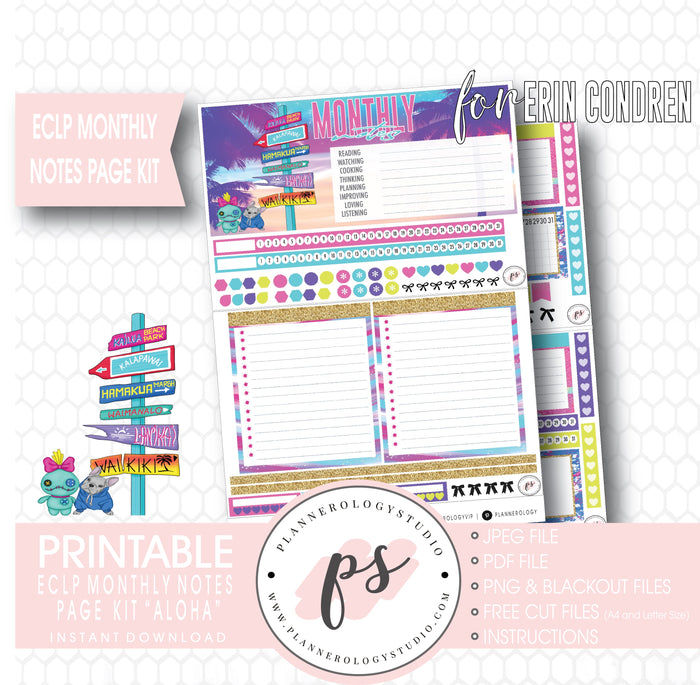 Aloha Monthly Notes Page Kit Digital Printable Planner Stickers (for use with Standard A5 Wide Planners)