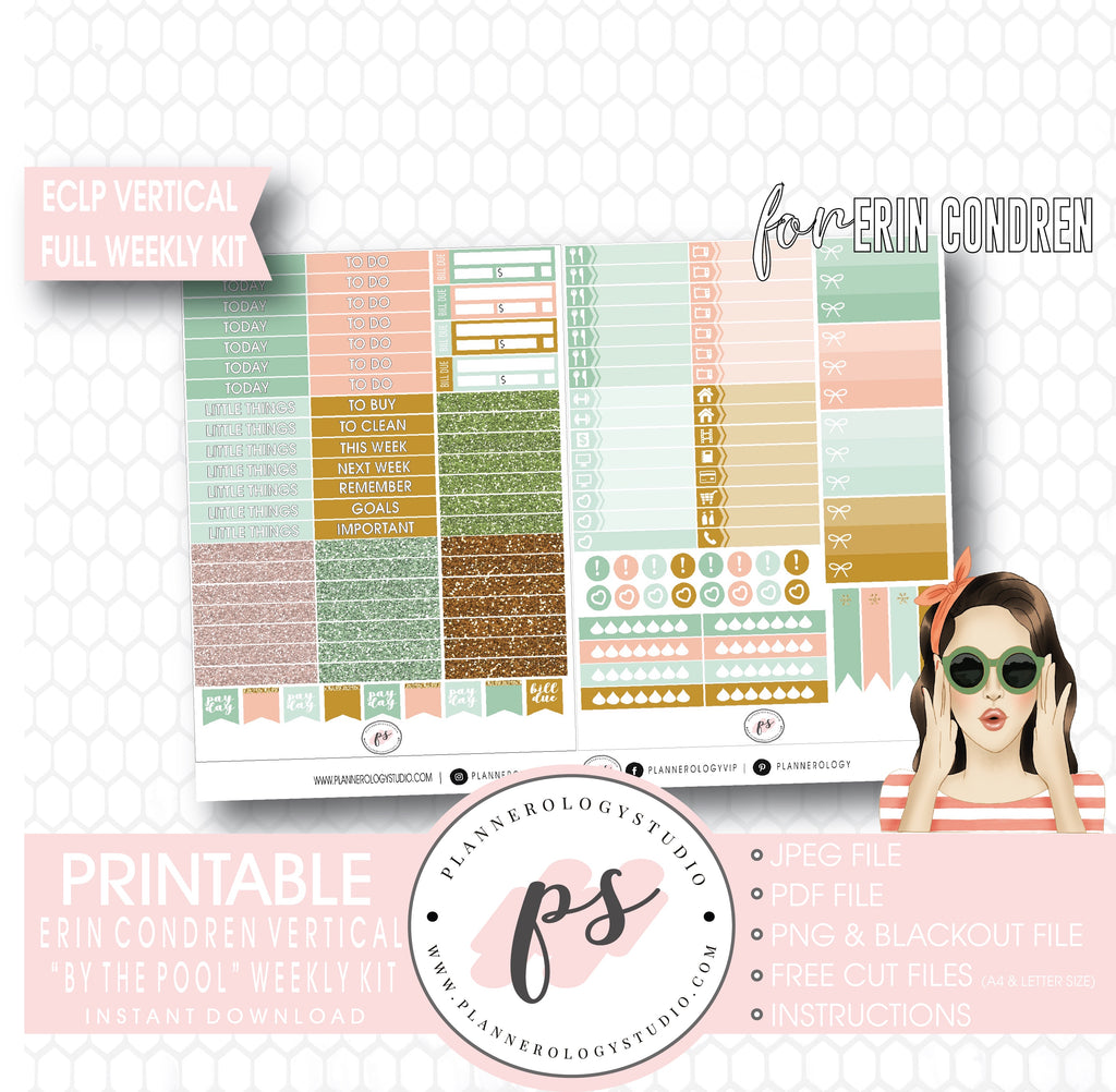 By the Pool Full Weekly Kit Printable Planner Digital Stickers (for use with Standard Vertical A5 Wide Planners)