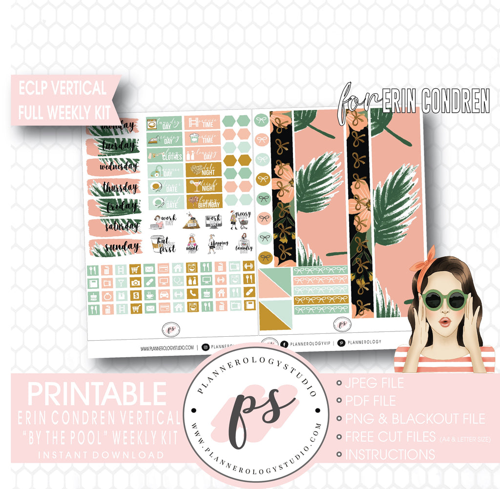 By the Pool Full Weekly Kit Printable Planner Digital Stickers (for use with Standard Vertical A5 Wide Planners)