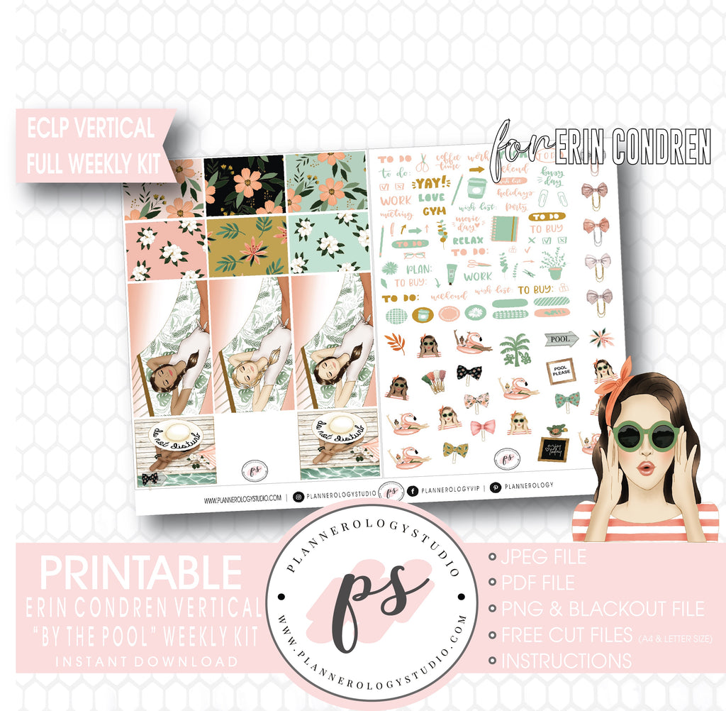 By the Pool Full Weekly Kit Printable Planner Digital Stickers (for use with Standard Vertical A5 Wide Planners)