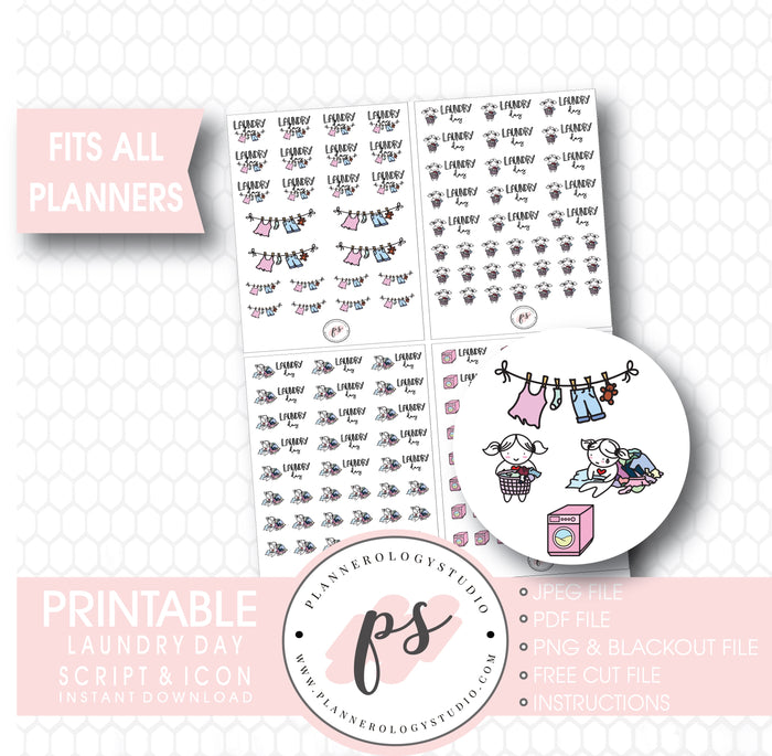 Various Laundry Day Script & Icons/Emoticons Digital Printable Planner Stickers