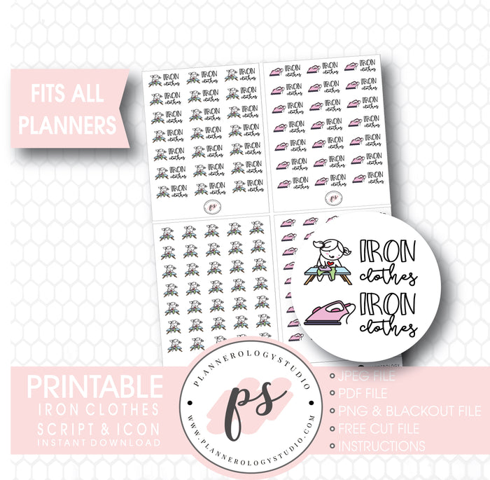Iron Clothes Script & Icons/Emoticons Digital Printable Planner Stickers