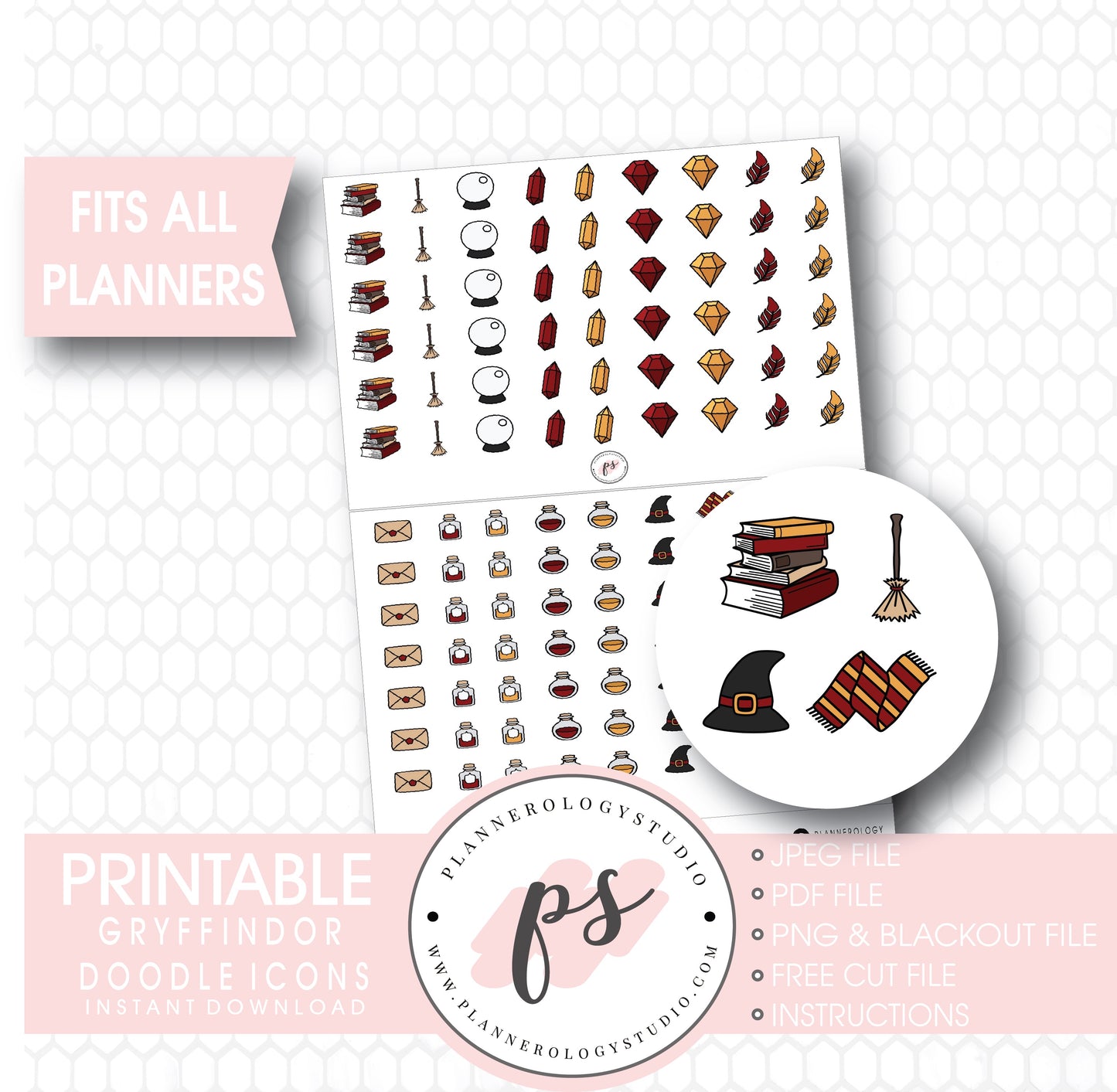 Wizards & Magic (Harry Potter Gryffindor House) Doodle Icons Digital Printable Planner Stickers