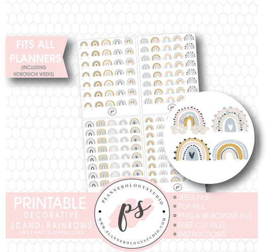 Decorative Scandi Rainbow Doodle Icons Digital Printable Planner Stickers