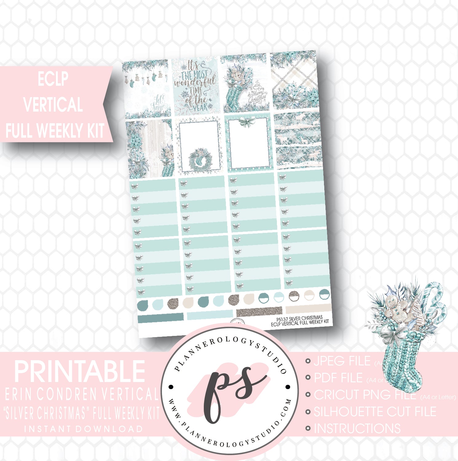 Silver Christmas Full Weekly Kit Printable Planner Stickers (for use with ECLP Vertical) - Plannerologystudio