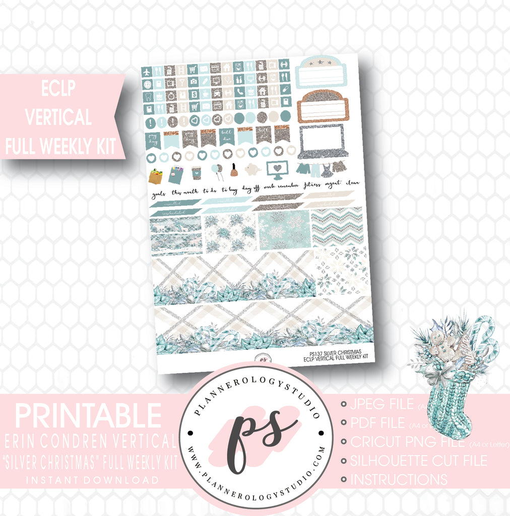 Silver Christmas Full Weekly Kit Printable Planner Stickers (for use with ECLP Vertical) - Plannerologystudio