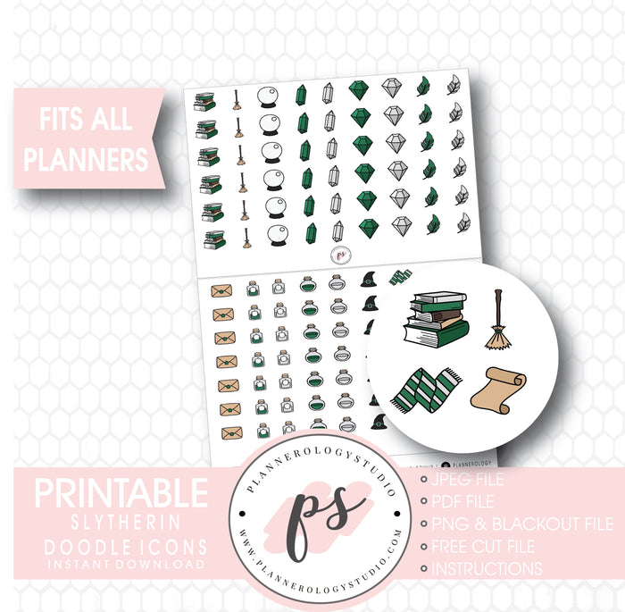 Wizards & Magic (Harry Potter Slytherin House) Doodle Icons Digital Printable Planner Stickers
