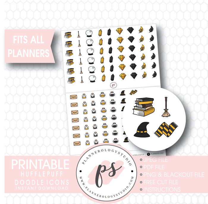 Wizards & Magic (Harry Potter Hufflepuff House) Doodle Icons Digital Printable Planner Stickers