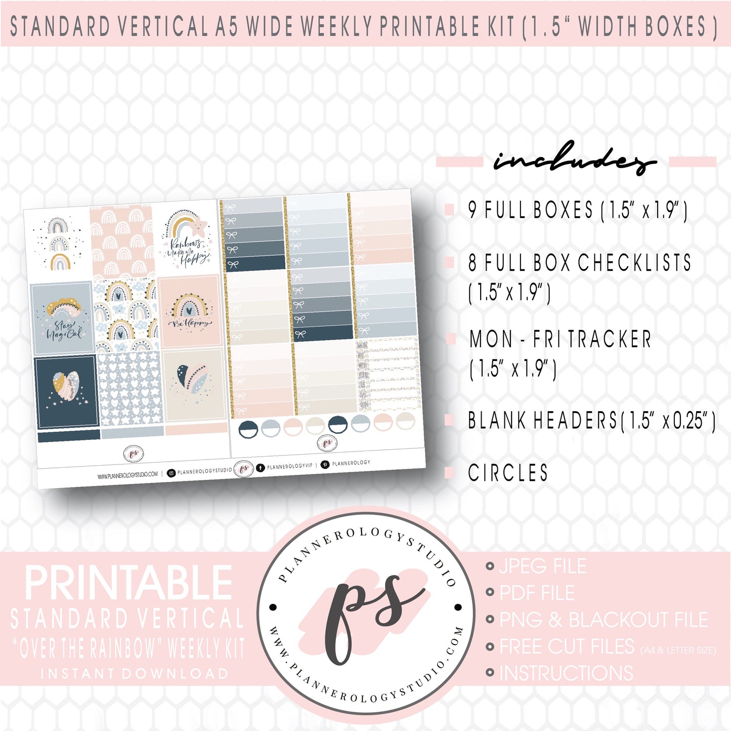 Over the Rainbow Weekly Kit Printable Planner Digital Stickers (for use with Standard Vertical A5 Wide Planners)