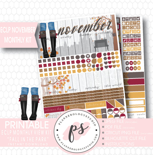 "Fall in the Park" November 2017 Monthly View Kit Printable Planner Stickers (for use with ECLP) - Plannerologystudio