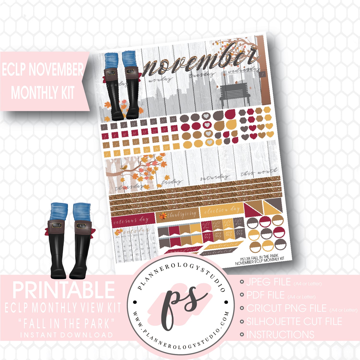 "Fall in the Park" November 2017 Monthly View Kit Printable Planner Stickers (for use with ECLP) - Plannerologystudio