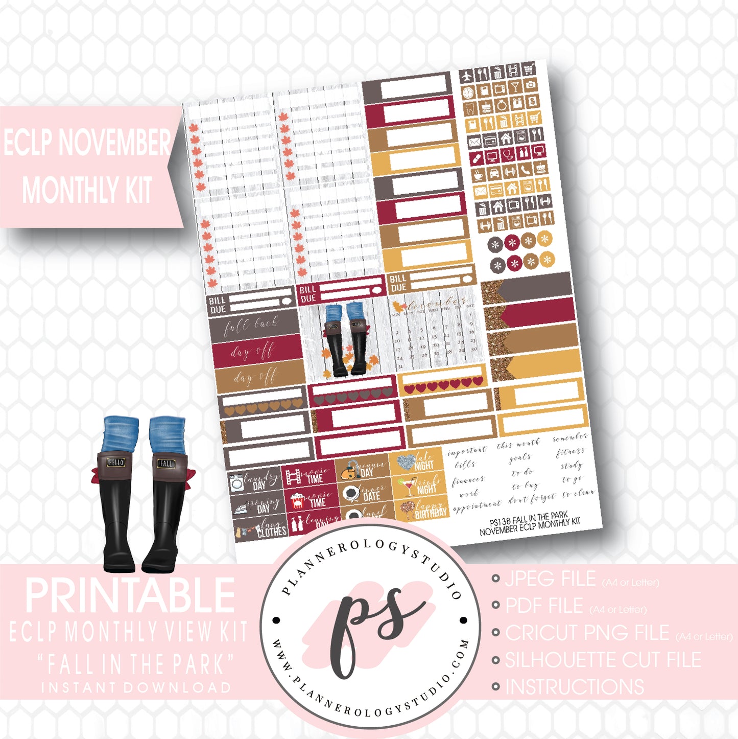 "Fall in the Park" November 2017 Monthly View Kit Printable Planner Stickers (for use with ECLP) - Plannerologystudio