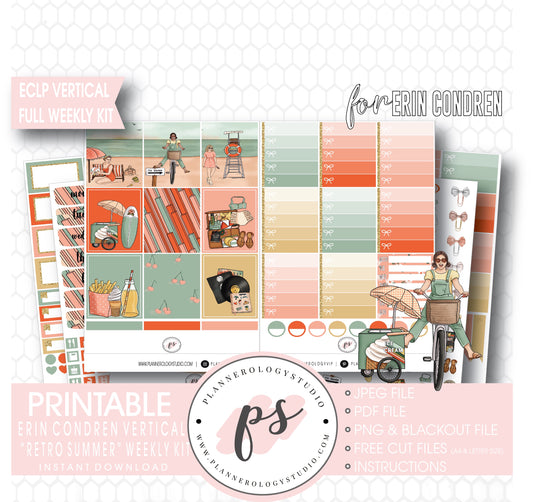 Retro Summer Full Weekly Kit Printable Planner Digital Stickers (for use with Standard Vertical A5 Wide Planners)