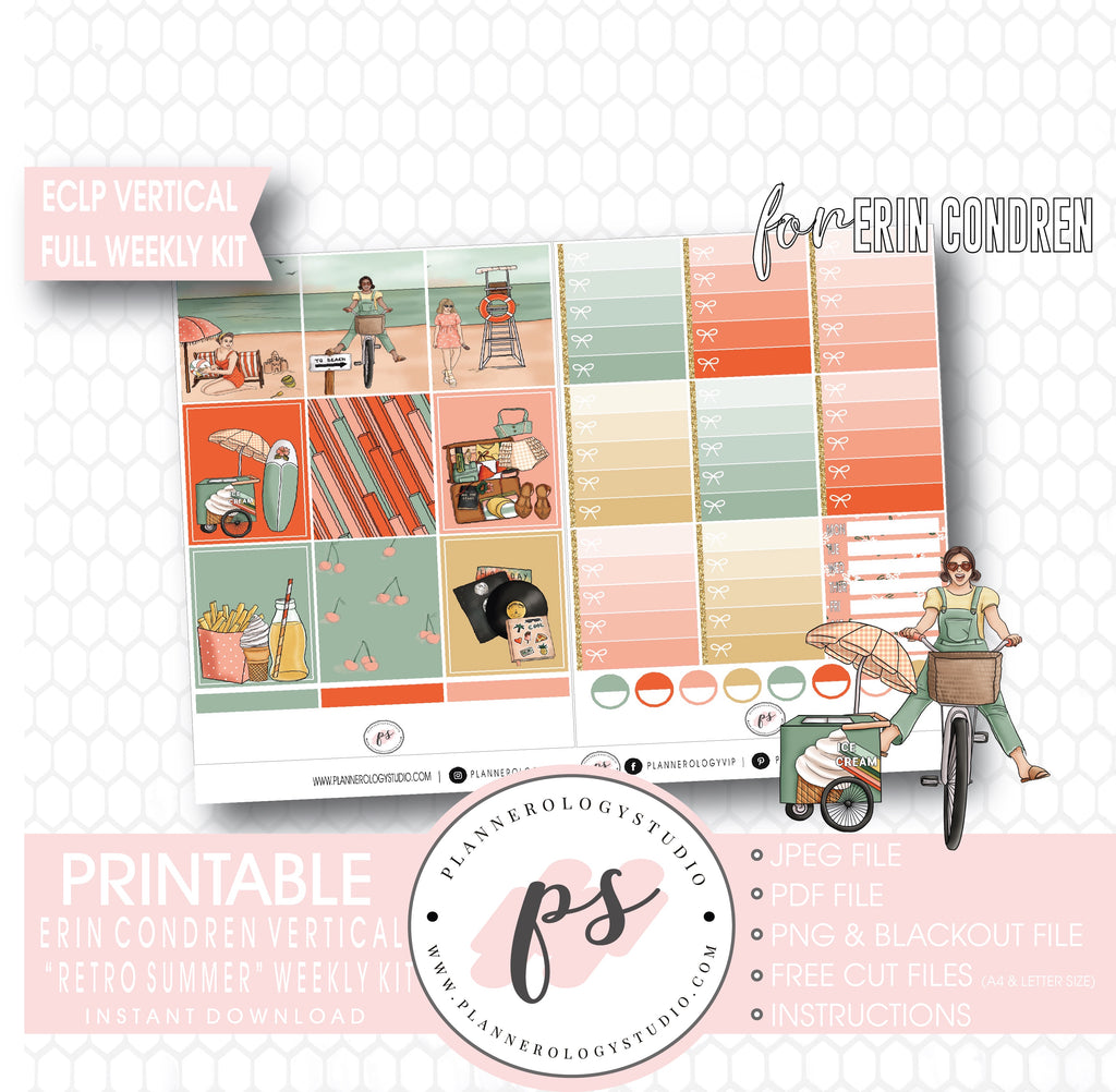Retro Summer Full Weekly Kit Printable Planner Digital Stickers (for use with Standard Vertical A5 Wide Planners)