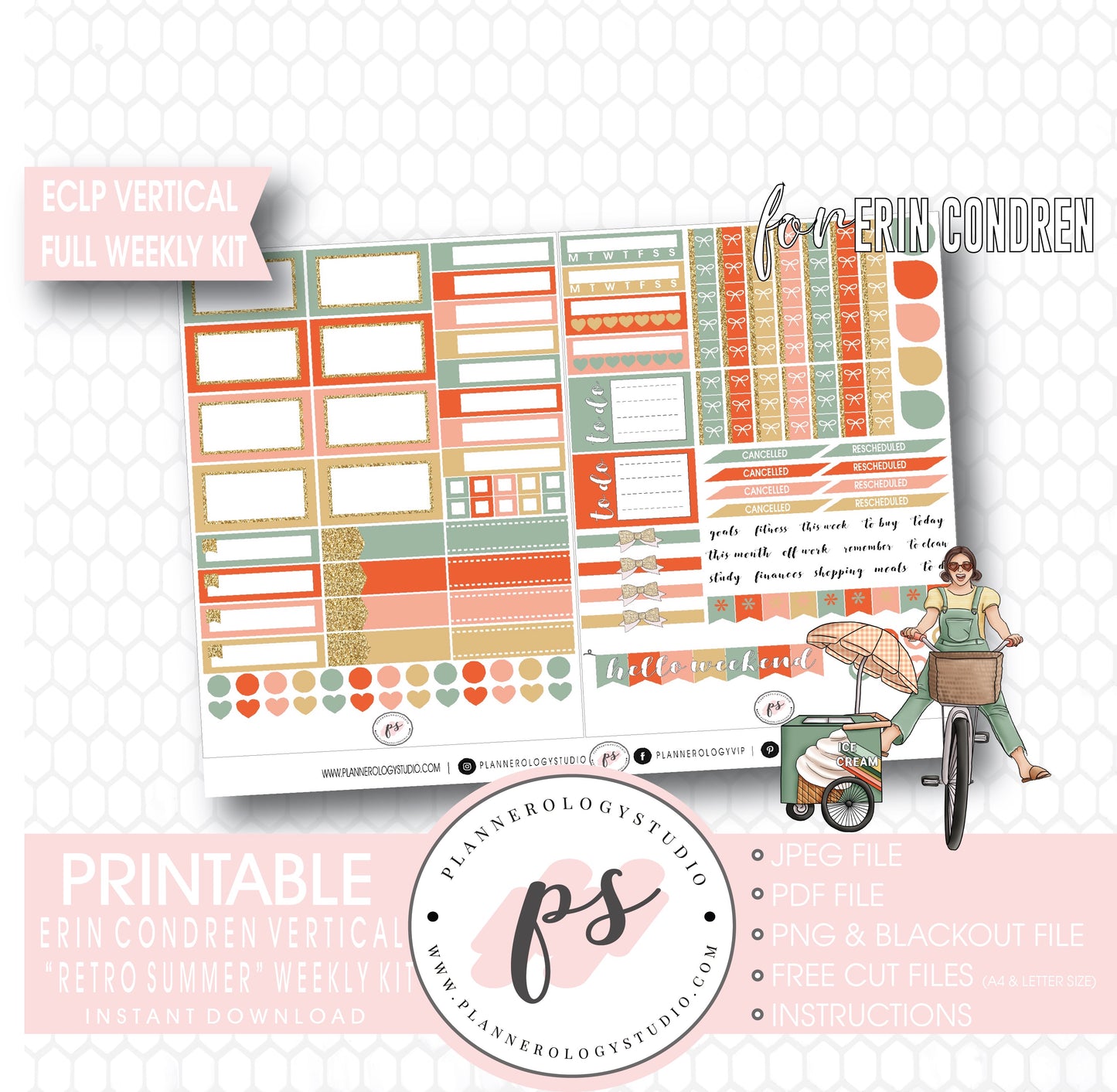 Retro Summer Full Weekly Kit Printable Planner Digital Stickers (for use with Standard Vertical A5 Wide Planners)