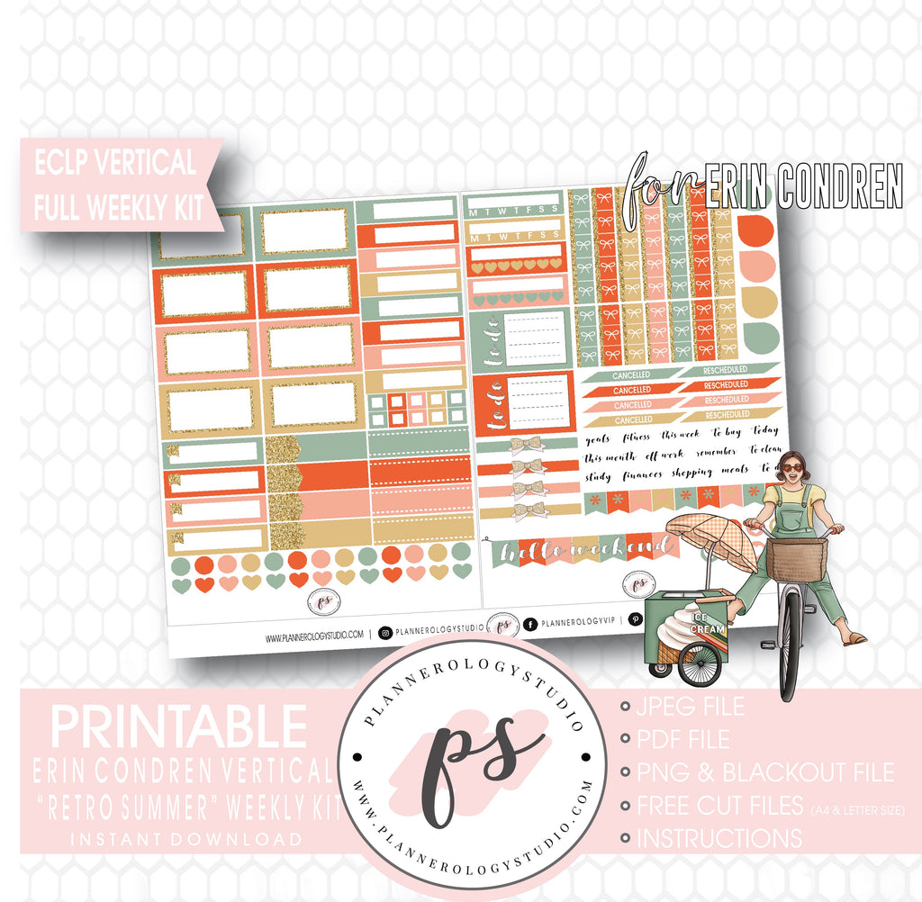 Retro Summer Full Weekly Kit Printable Planner Digital Stickers (for use with Standard Vertical A5 Wide Planners)