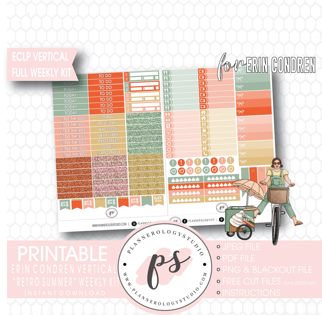 Retro Summer Full Weekly Kit Printable Planner Digital Stickers (for use with Standard Vertical A5 Wide Planners)