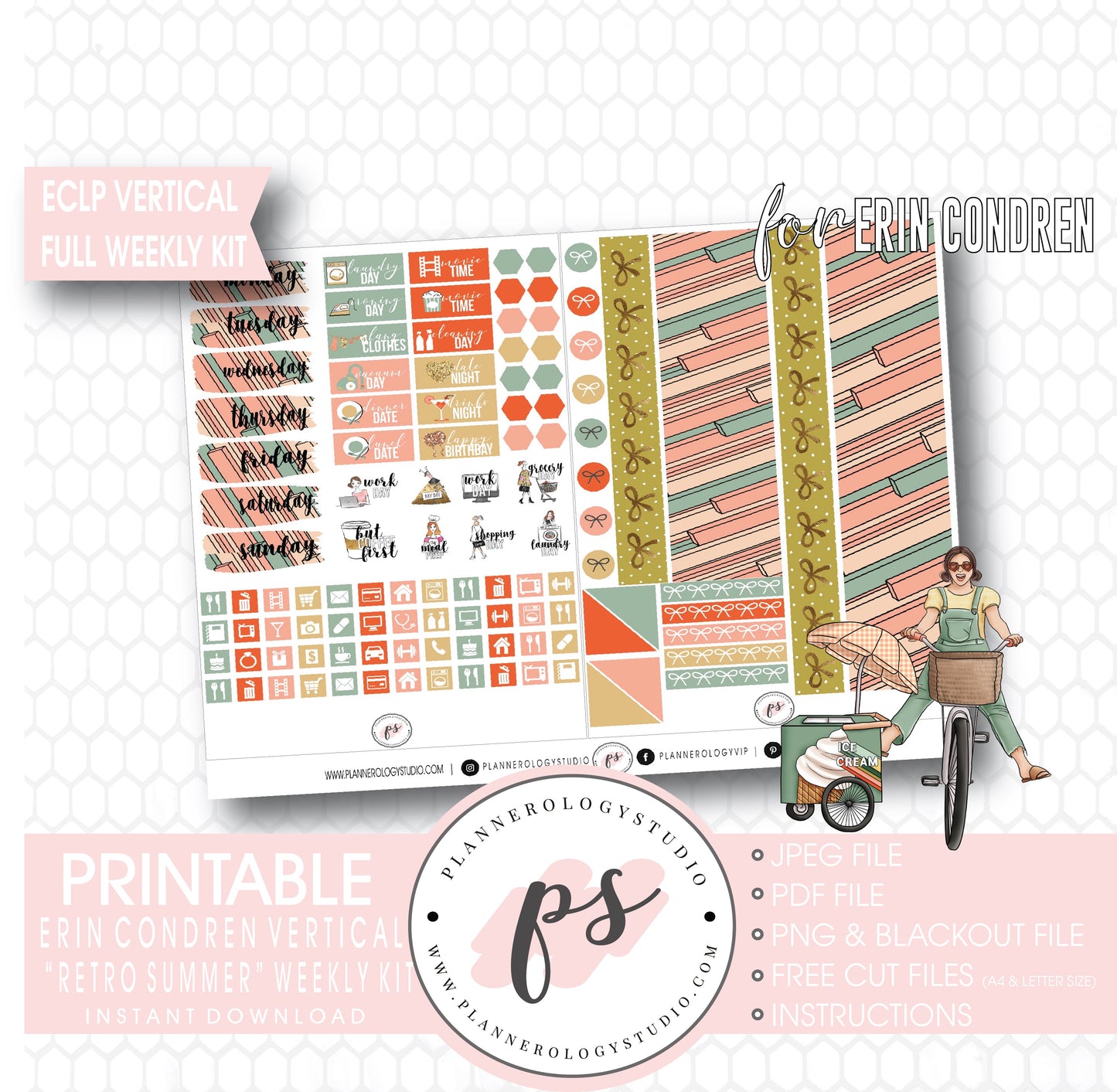 Retro Summer Full Weekly Kit Printable Planner Digital Stickers (for use with Standard Vertical A5 Wide Planners)