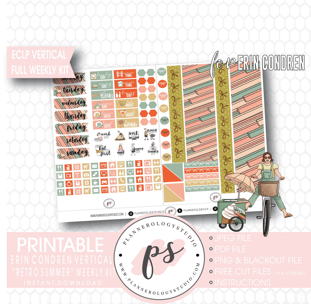 Retro Summer Full Weekly Kit Printable Planner Digital Stickers (for use with Standard Vertical A5 Wide Planners)
