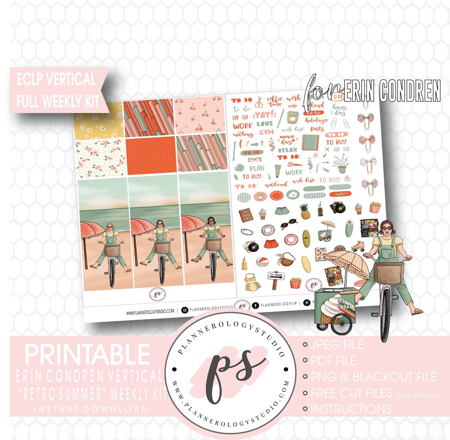 Retro Summer Full Weekly Kit Printable Planner Digital Stickers (for use with Standard Vertical A5 Wide Planners)