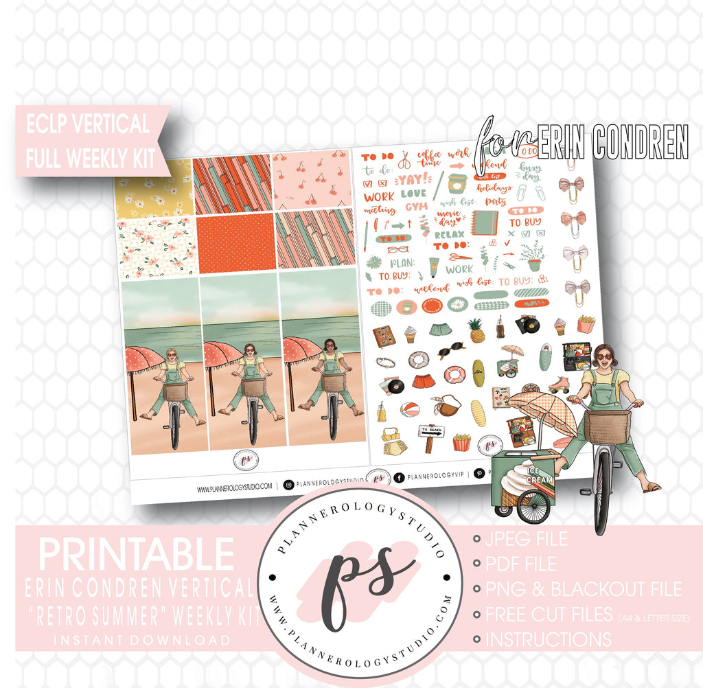 Retro Summer Full Weekly Kit Printable Planner Digital Stickers (for use with Standard Vertical A5 Wide Planners)