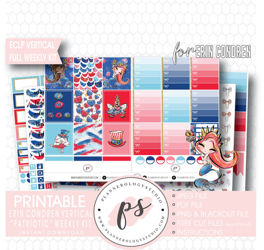 Patriotic (Independence Day) Full Weekly Kit Printable Planner Digital Stickers (for use with Standard Vertical A5 Wide Planners)