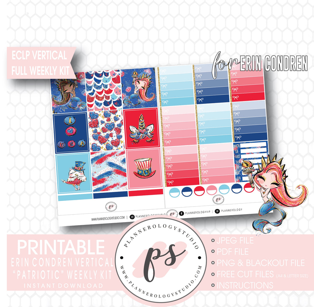Patriotic (Independence Day) Full Weekly Kit Printable Planner Digital Stickers (for use with Standard Vertical A5 Wide Planners)
