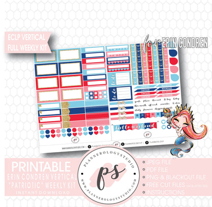 Patriotic (Independence Day) Full Weekly Kit Printable Planner Digital Stickers (for use with Standard Vertical A5 Wide Planners)