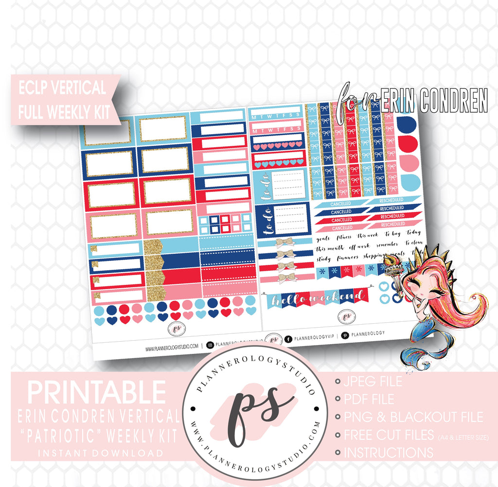 Patriotic (Independence Day) Full Weekly Kit Printable Planner Digital Stickers (for use with Standard Vertical A5 Wide Planners)