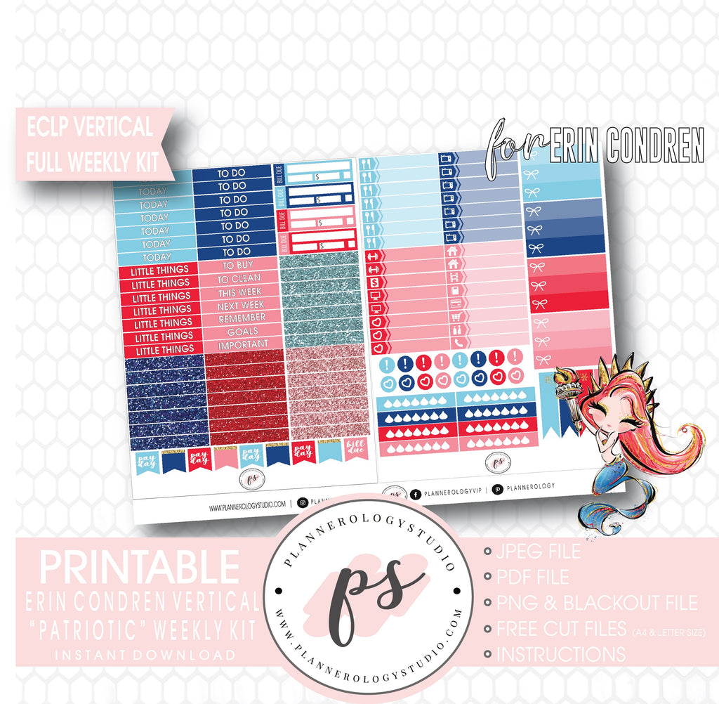 Patriotic (Independence Day) Full Weekly Kit Printable Planner Digital Stickers (for use with Standard Vertical A5 Wide Planners)