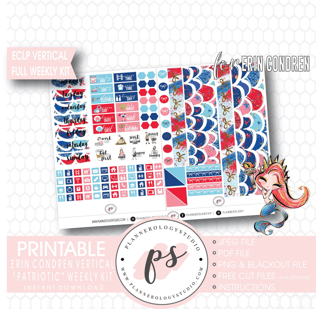 Patriotic (Independence Day) Full Weekly Kit Printable Planner Digital Stickers (for use with Standard Vertical A5 Wide Planners)